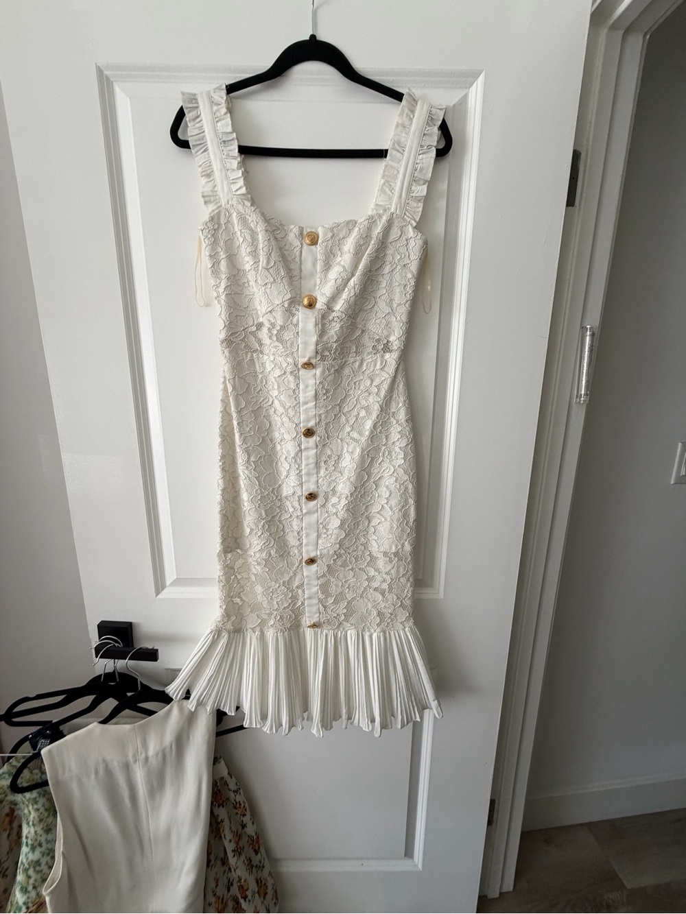 Ivory Lace Button-Front Sundress with Pleated Hem
